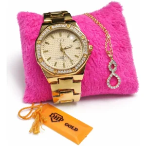 Relógio Feminino Gold com Pedras + Colar Pingente Infinito