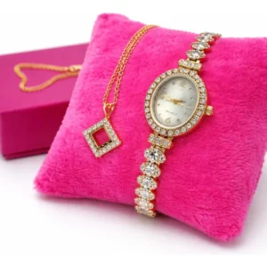 Relógio Feminino Dourado com Pedras + Colar com Pingente